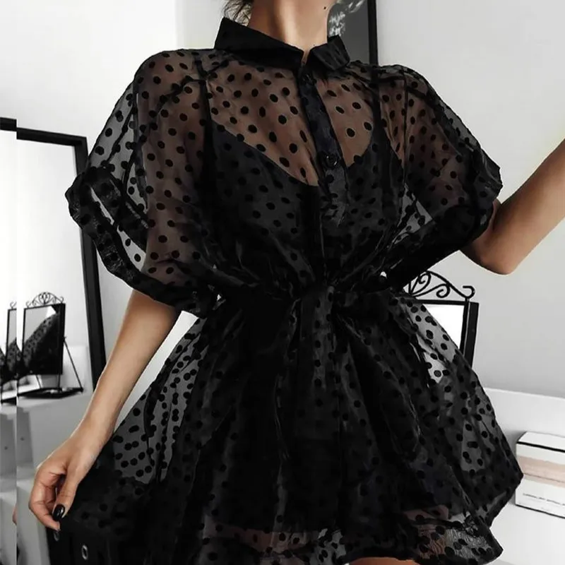 

Sexy Women Black Transparent Mini Loose Shirt Dress Two Pieces Set Spaghetti Strap Camisole Polka Dot See Through with Sashes