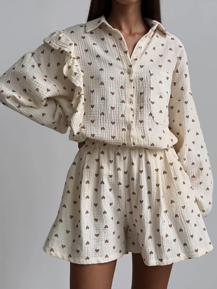 

Love Print Shorts Suit Female Flounce Fashion Single Breasted Lapel Shirts Tops 2 Pieces Set Elastic Waist Pants Sets
