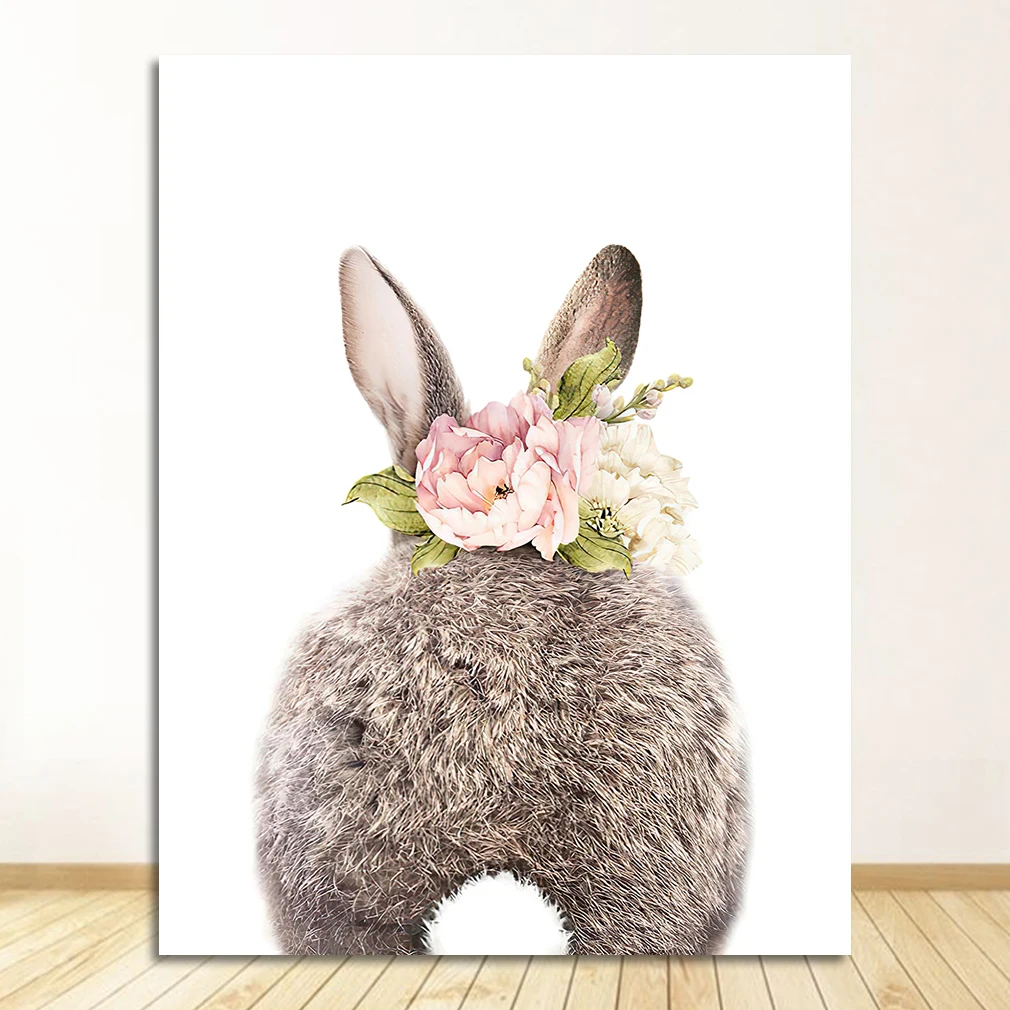 

Плакат с именем на заказ, принт кролика, детская настенная живопись, розовые цветы, фотографии, скандинавское украшение для детской комнаты, холст с кроликом, картина для девочек