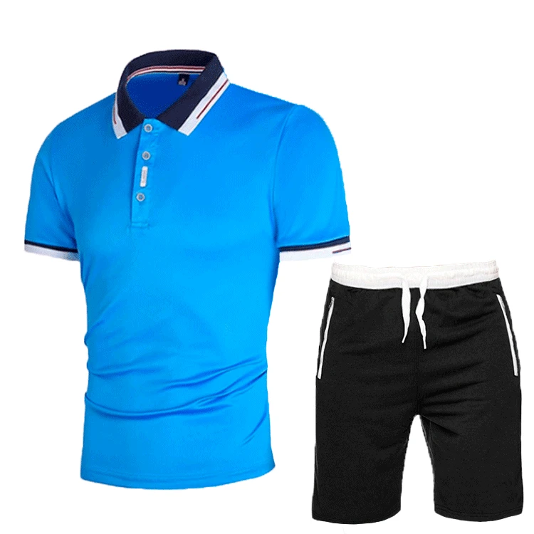Summer New Man Patchwork short-sleeved T-shirt+shorts 2-piece suit lapel slim polo shirt Men's Sets Elastic waist Asian size