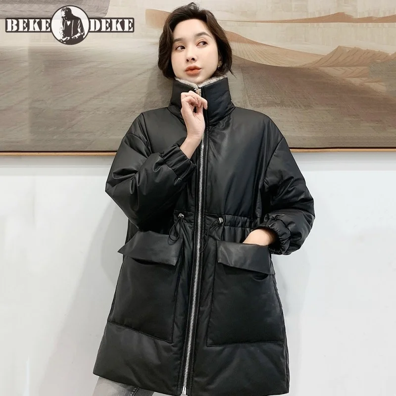 

Women Genuine Winter Leather Down Coats Mink Fur Collar Sheepskin Long Jacket Streetwear Warm Windbreakers Female Overcoat