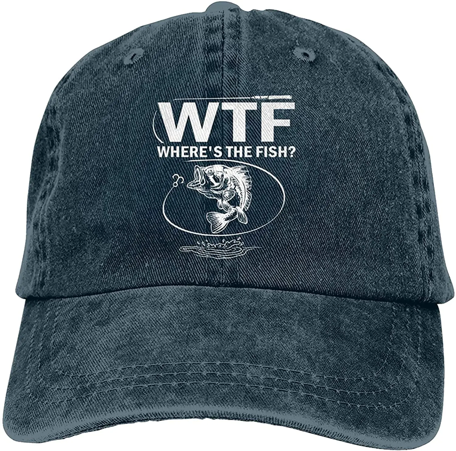 

Decor WTF Wheres The Fish Adjustable Washed Unisex Dad Hat Trucker Hat Denim Cap Baseball Cap (Navy)