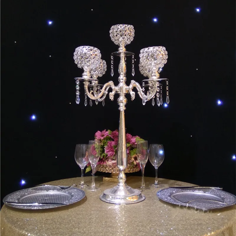 

76cm Tall 5-arms Silver candelabras crystal candle holder wedding centerpieces