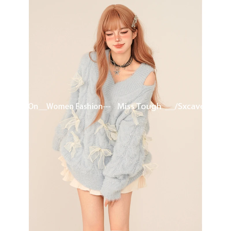 Японский кавайный вязаный свитер женский сексуальный тонкий винтажный