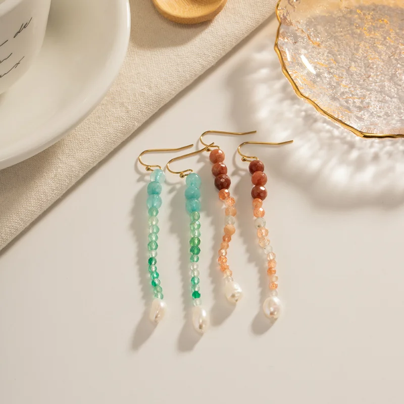 

Minar Boho Freshwater Pearl Colorful Strand Hoop Earrings for Women Mujer 18K Gold Plating Titanium Steel Long Tassel Earring