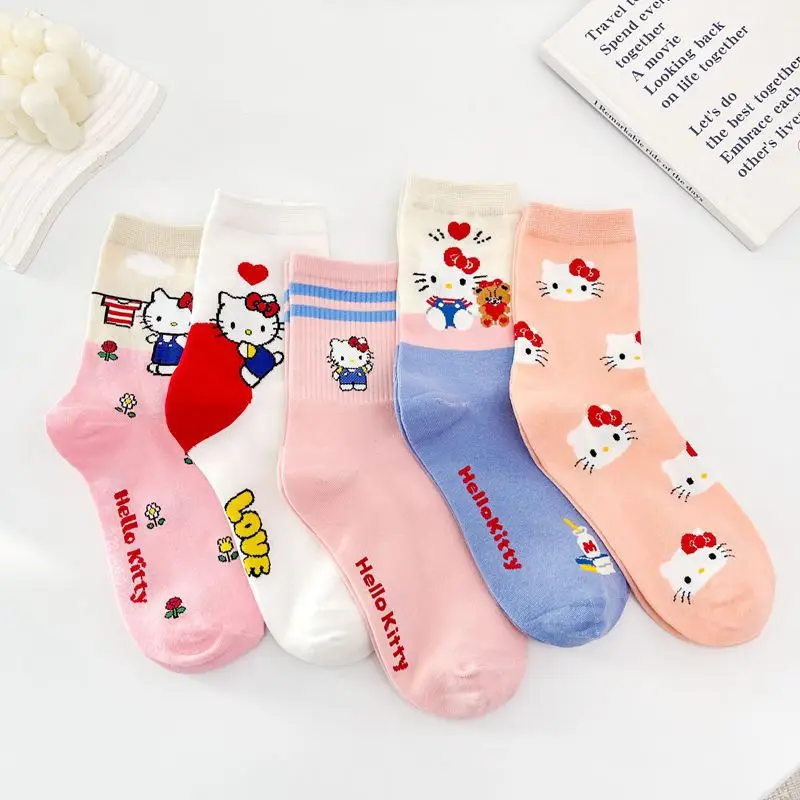 1 пара Y2K Hello носки с котенком для девочек средние Носки Kawaii Sanrio Аксессуары Rosered