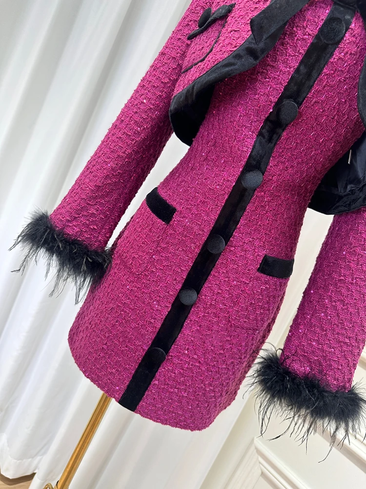 DEAT Твидовые комплекты из двух предметов для женщин манжеты с перьями бархатное