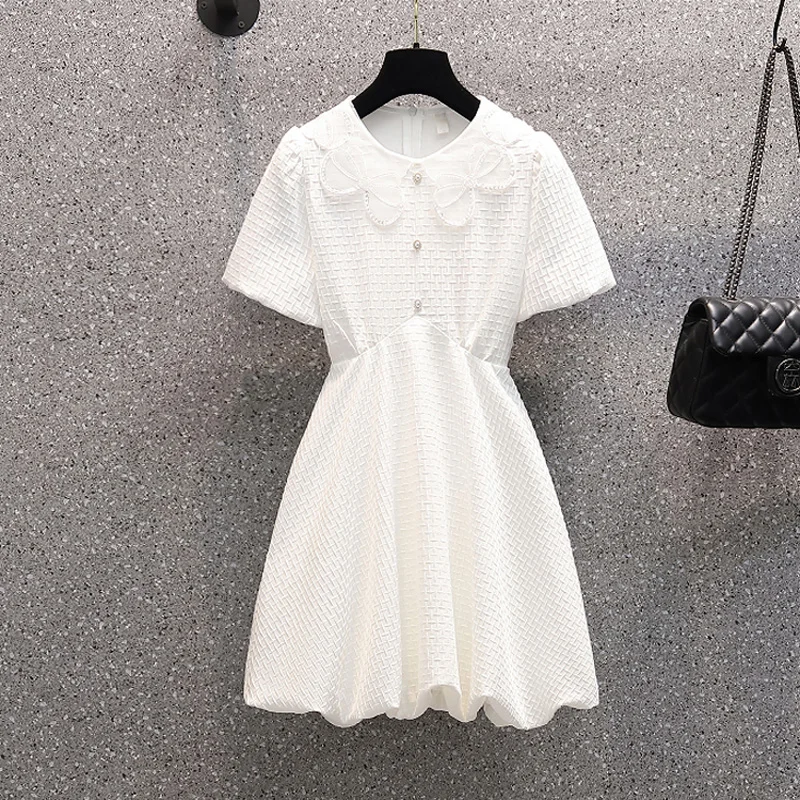 

2022Women Summer Elegant Mini Tutu Dress Plus Size O Neck Short Sleeve A Line Pleated Slim Casual Polyester White Party Vestidos