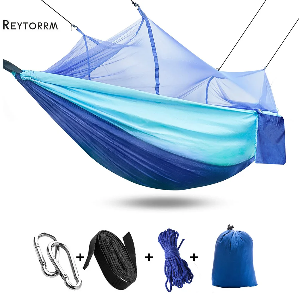 

Single Double Camping Hammock with Mosquito Net Bug Net Included Tree Straps and Carabiners Lightweight Parachute Nylon Hammock