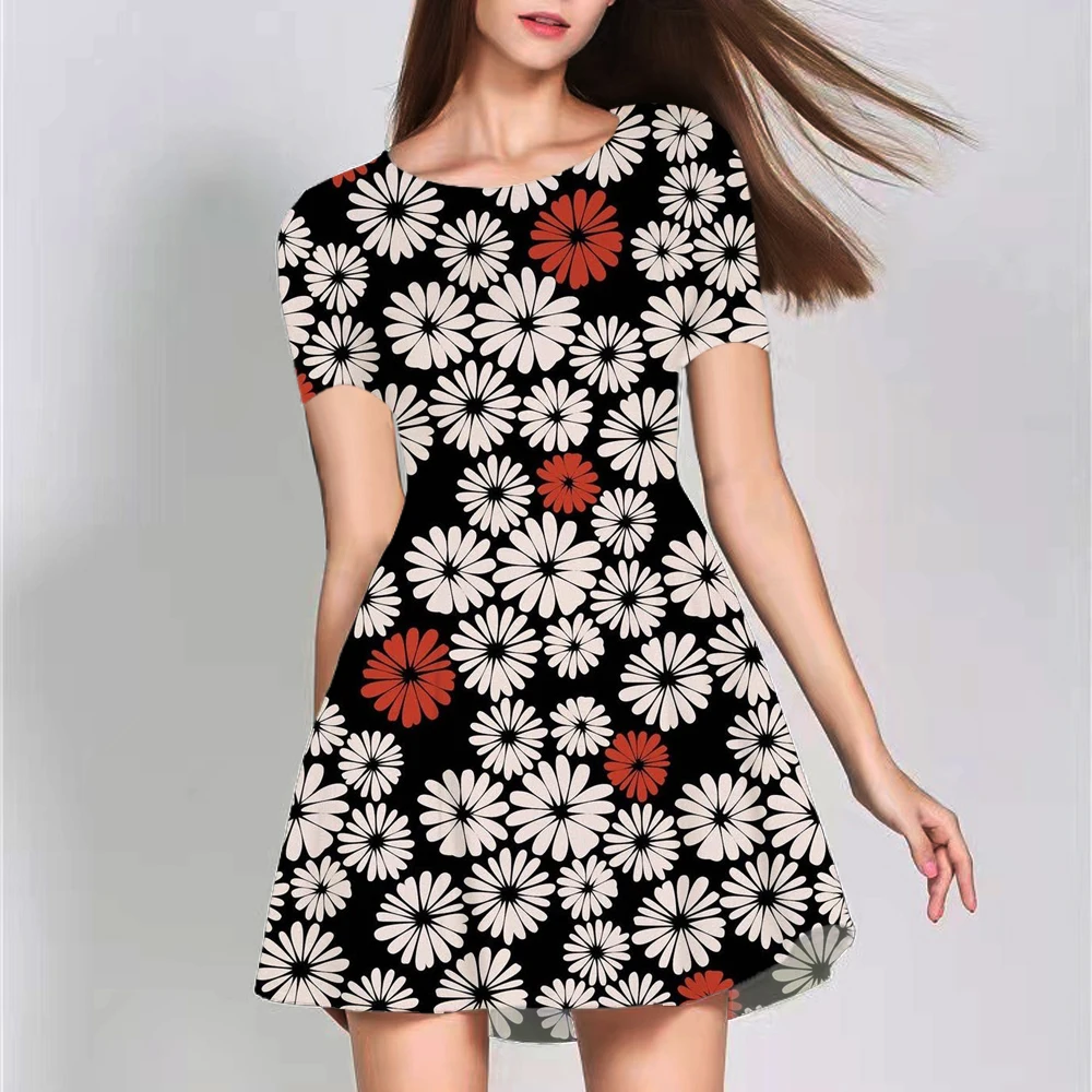 

Women Vintage Short Sleeve Floral Printed Loose Dress Casual O Neck Ladies Party Dress Streetwear Female Bohemian Mini Dress