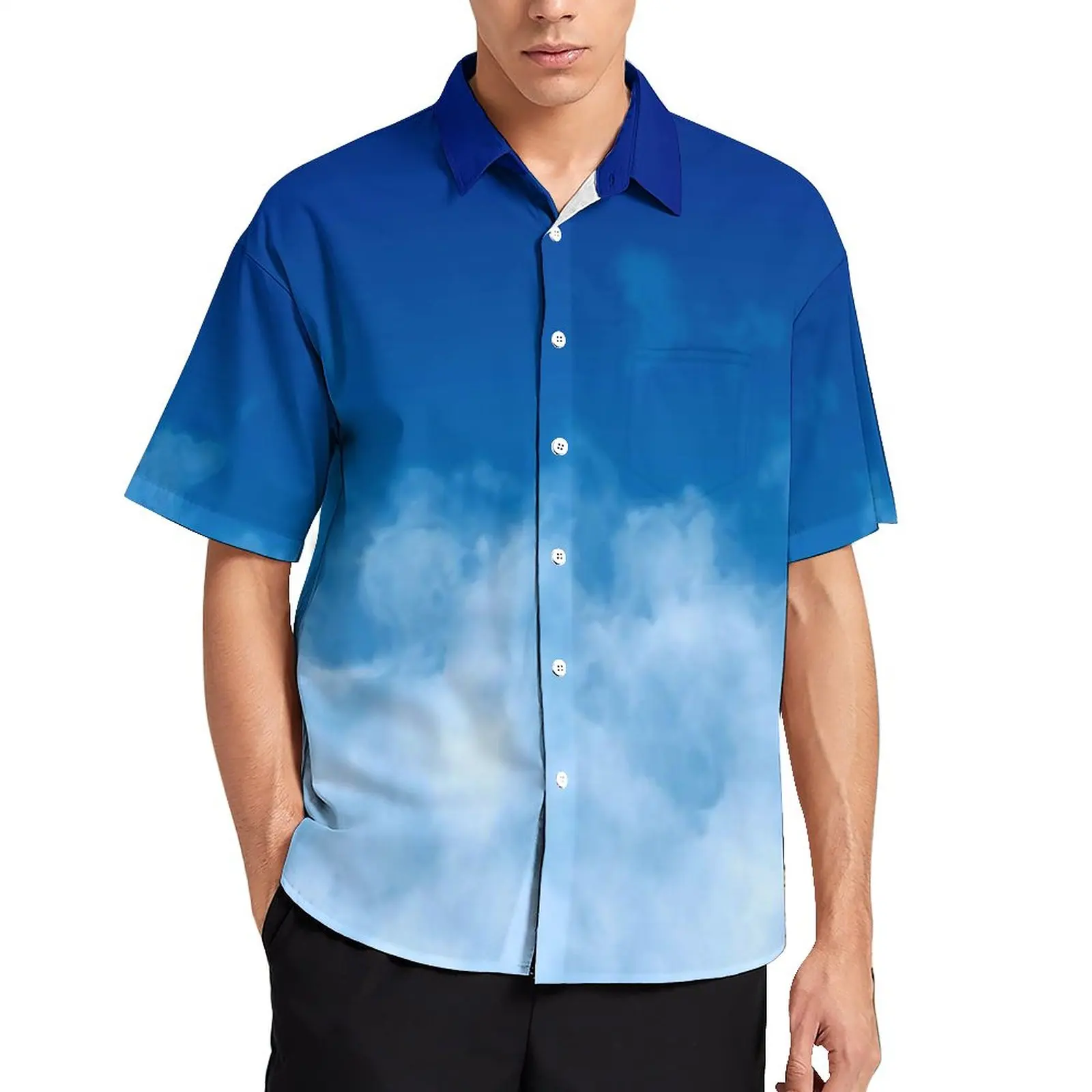 

Soft Cloud Vacation Shirt Deep Blue Sky Print Hawaiian Casual Shirts Men Fashion Blouses Short Sleeve Design Clothing 3XL 4XL