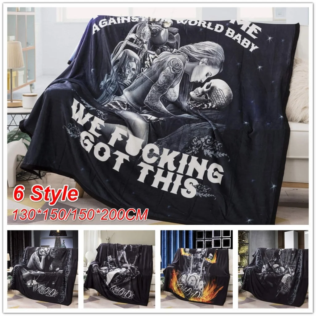 

Motorcycle Skull Lovers Blanket Black Love Blanket Warm Plush Fluffy Blanket for Bedding Sofa