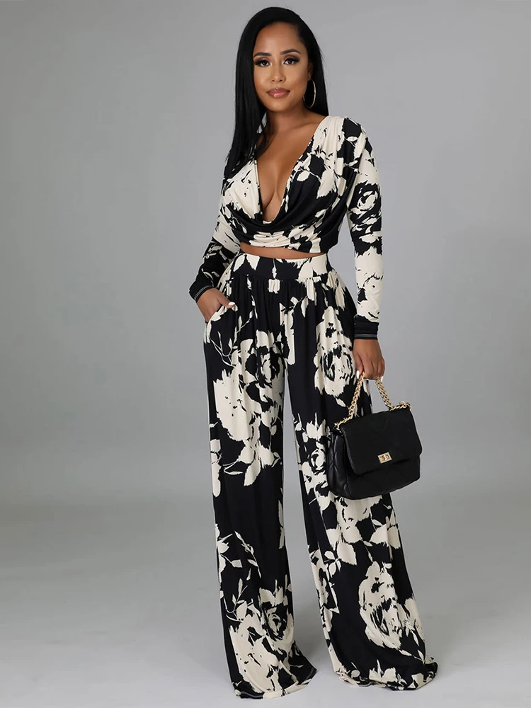 Vintage Print Two Piece Tracksuits Women's Customes Cleavage Low Neck Long Sleeve Crop Top and Side Pockets Wide Leg Trousers