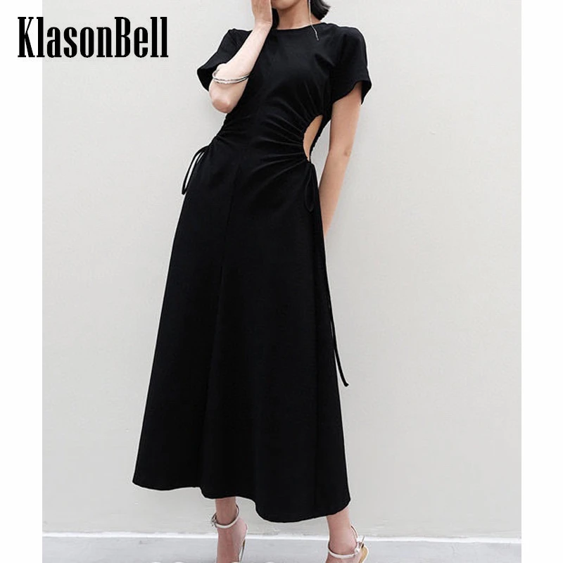 

4.12 KlasonBell Hollow Out Drawstring Design Short Sleeve Black Collect Waist Temperament Midi Dress Women