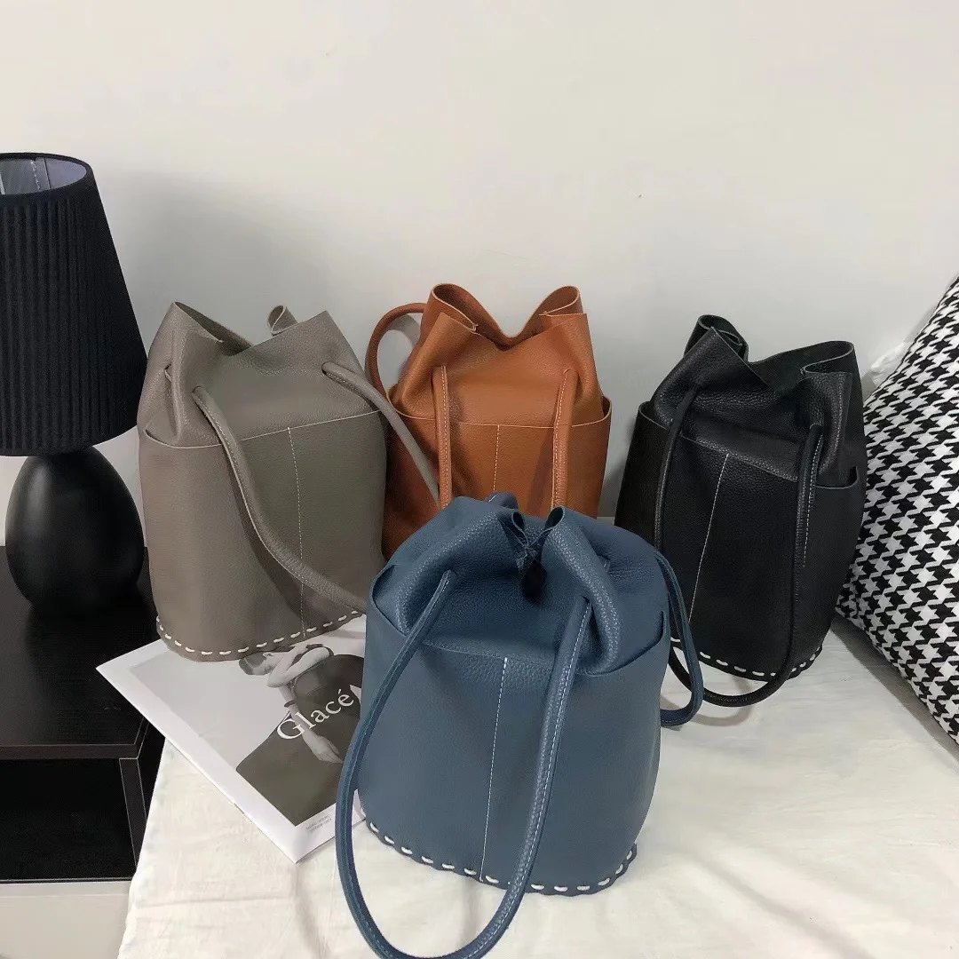 

Bucket Bags For Women 100% Genuine Leather One Shoulder Bags White Thread Open Solid Color Crossbody Bags Ladies Daily Purse