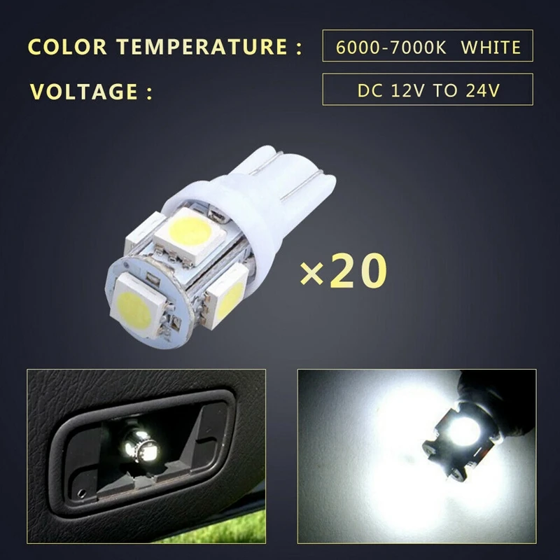 20 шт. супер белые светодиодные лампы T10 Wedge 5-SMD 5050 W5W 2825 158 192 168 194