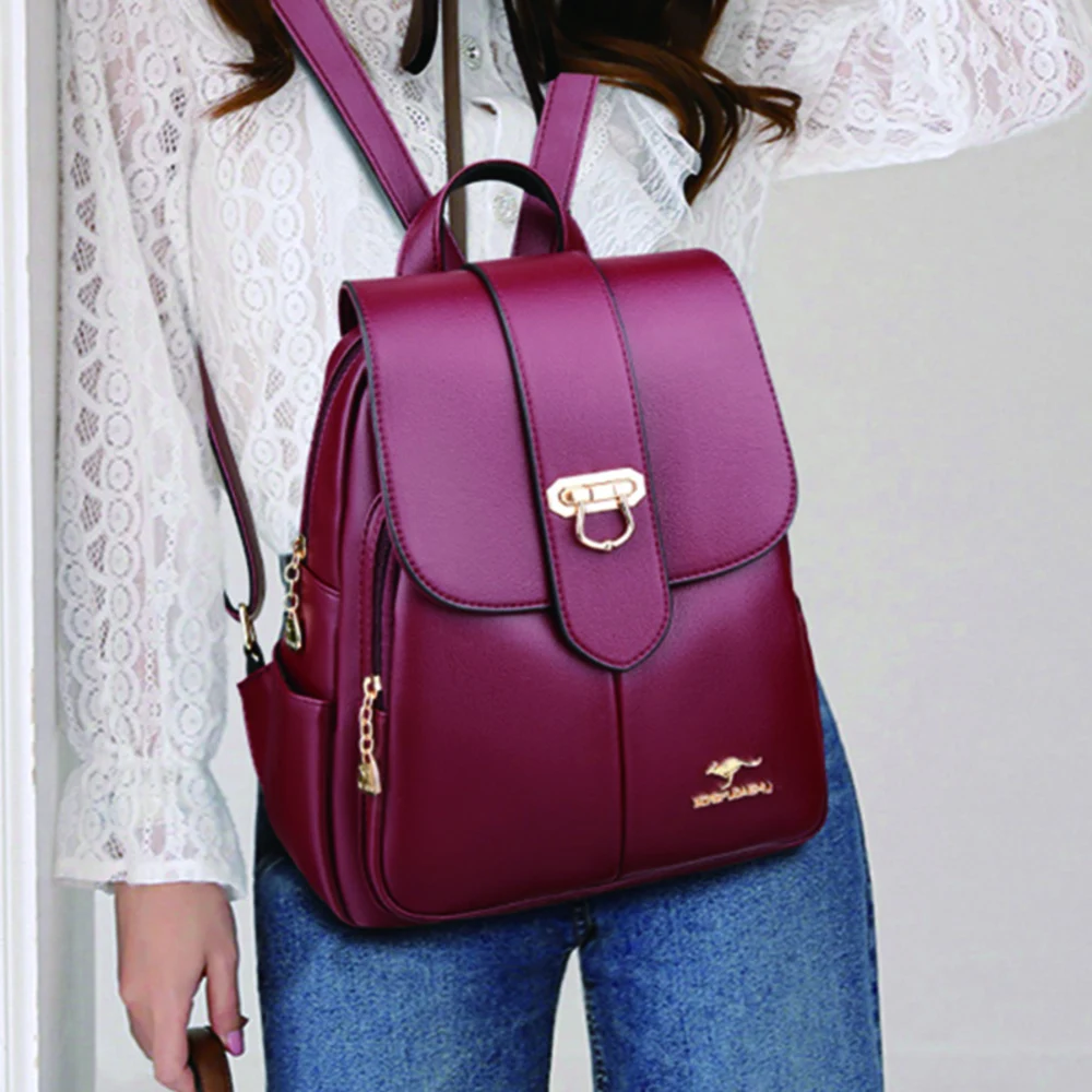 

Classic Feminina PU Backpack Solid Color Women's Leather Bagpack Lady Anti Theft Travel Rucksack High Quality Waterproof