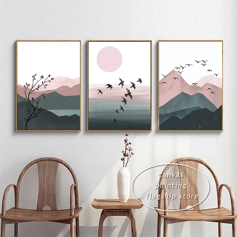 Акварельные бриды Природный Горный пейзаж абстрактный постер Зеленый Розовый