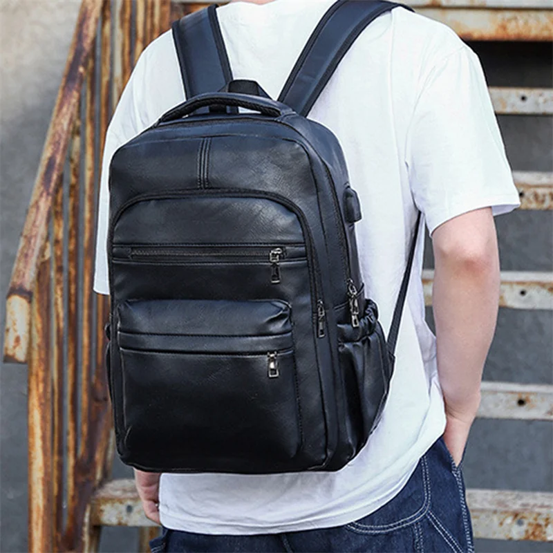 

Fashion Men's Double Shoulder Backpack Korean PU Leather Student Backpack Multifunctional Waterproof Outdoor Laptop Bag