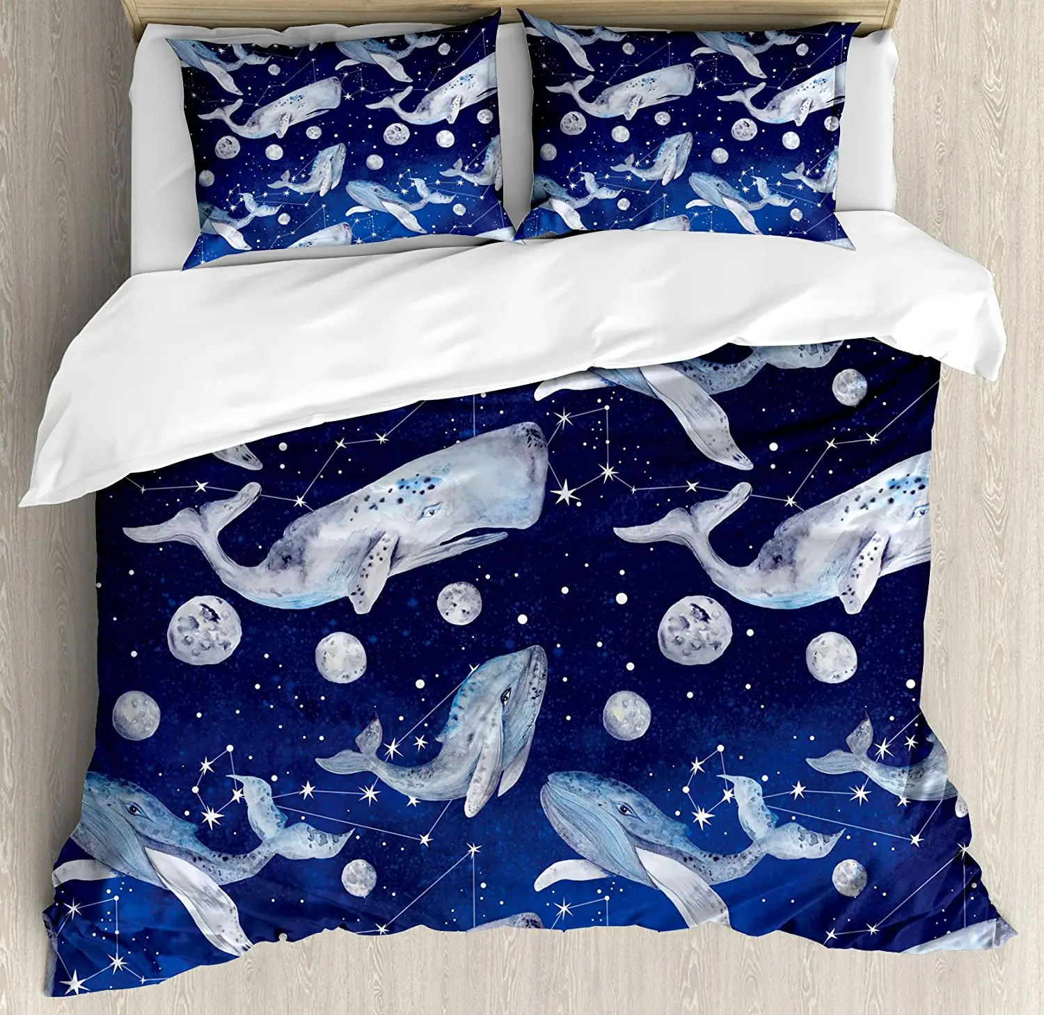 

Whale Bedding Set For Bedroom Bed Home Fishes and Planets Hovering amongst Stars in Outer Duvet Cover Quilt Cover And Pillowcase
