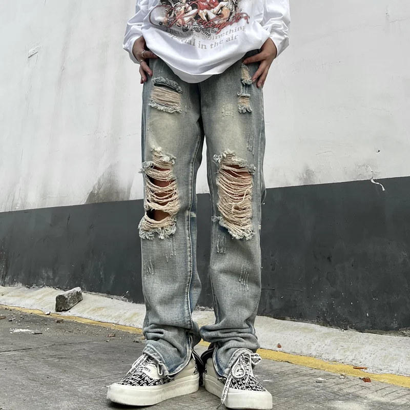 Streetwear Men 2022 New Pattern Vintage Recreational Blue Ripped Jeans Loose Broad Leg Straight Cylinder Trousers Autumn Female