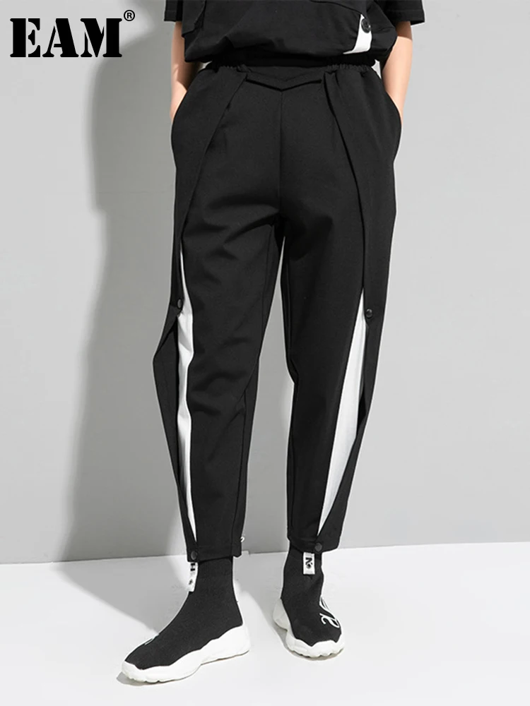 

[EAM] длинные штаны-шаровары с высокой эластичной талией и цветными блоками, новинка, свободные женские брюки, модные весенне-осенние 2023 1DE9119
