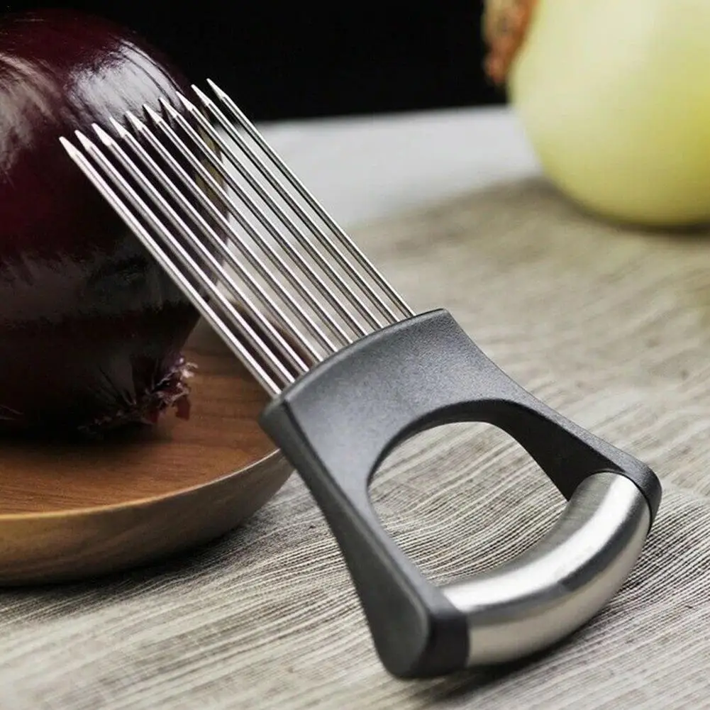 

Steel Onion Needle with Cutting Safe Aid Holder Easy Slicer Cutter Tomato Safe Fork Handheld Vegetable Knife Kitchen Gadgets