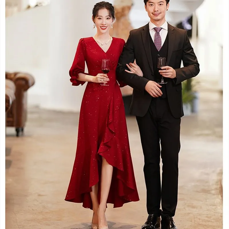 

All Season Formal Red Petal Sleeve V-neck Tierred Asymmetrical Party Dress Women 2023 Clothes Ladies Elegant Long Vestidos XXL