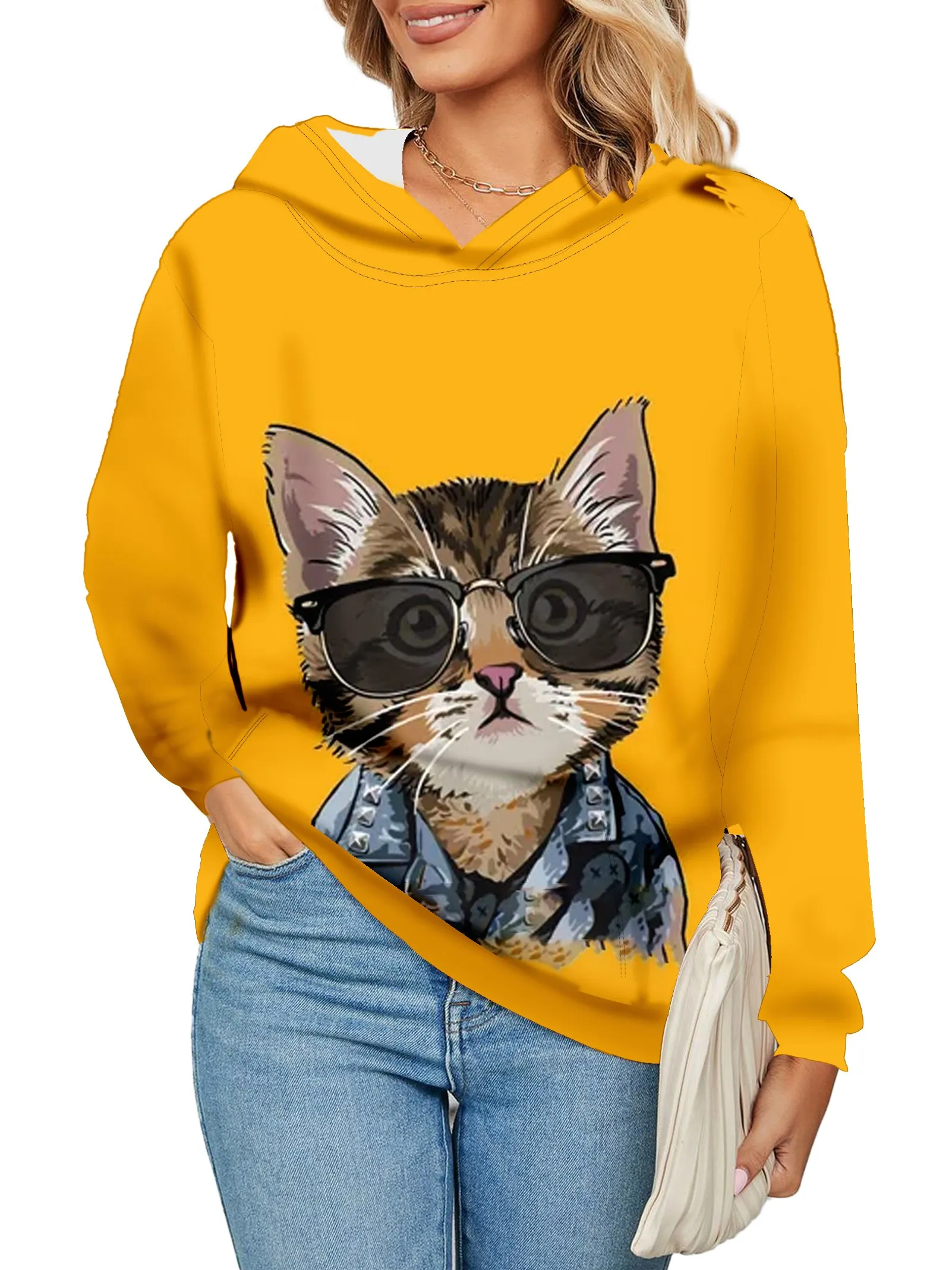 

Модная новая одежда с капюшоном с принтом милого котенка с передним карманом женская повседневная спортивная свободная универсальная одежда с капюшоном с длинным рукавом