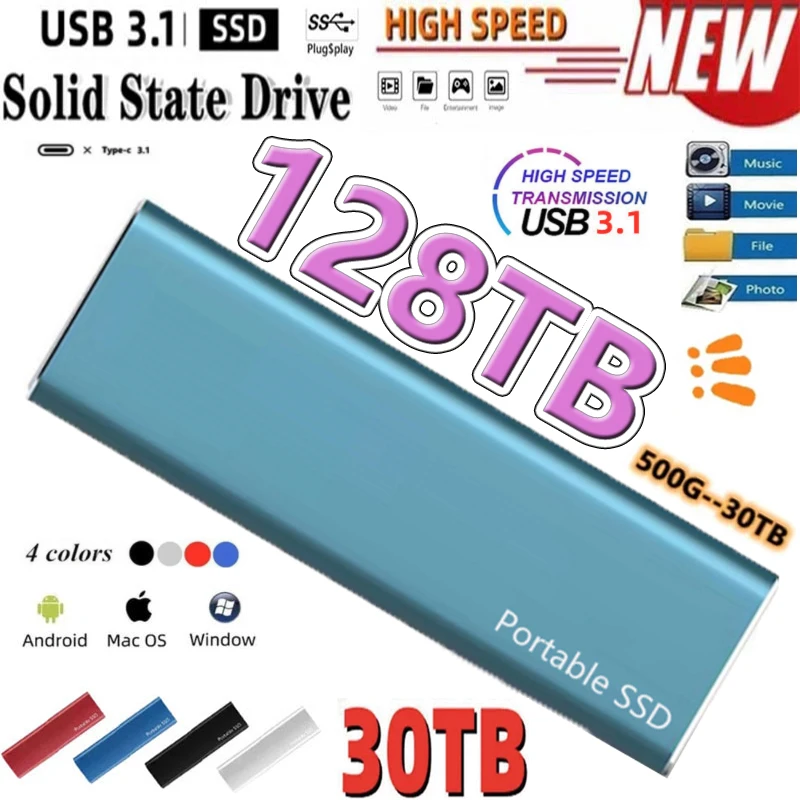 

New Portable High Speed Mobile Solid State Drive 500G/2/8/16/64TB SSD Mobile Hard Drives External Storage Decives for Laptop Mac