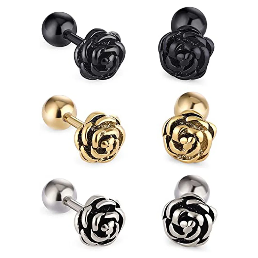 

2pcs Fashion Vintage Flowers Surgical Steel Earrings Studs for Womens Gold Black
