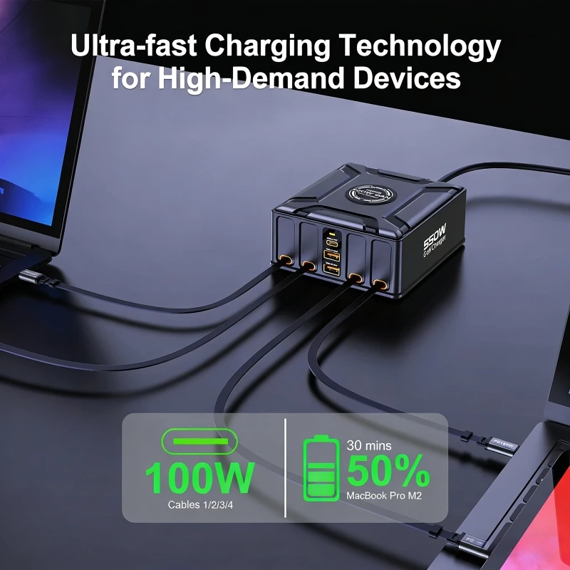 Фото Зарядная станция GaN 550 Вт 7-в-1 с выдвижным кабелем USB-C 100 Вт для MacBook Pro, iPhone 17, ноутбуков и планшетов Samsung №4