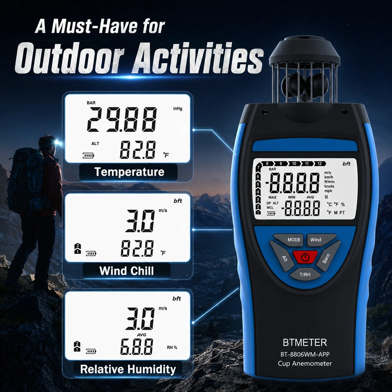 Метеорологический измеритель 8806WM с Bluetooth и приложением, 360° °   Измеритель скорости ветра, температуры, влажности, барометр, высотомер, точка росы, компас для полевых работ и активного отдыха (art.: 3920db0cd1d0d) - 3920db0cd1d0d