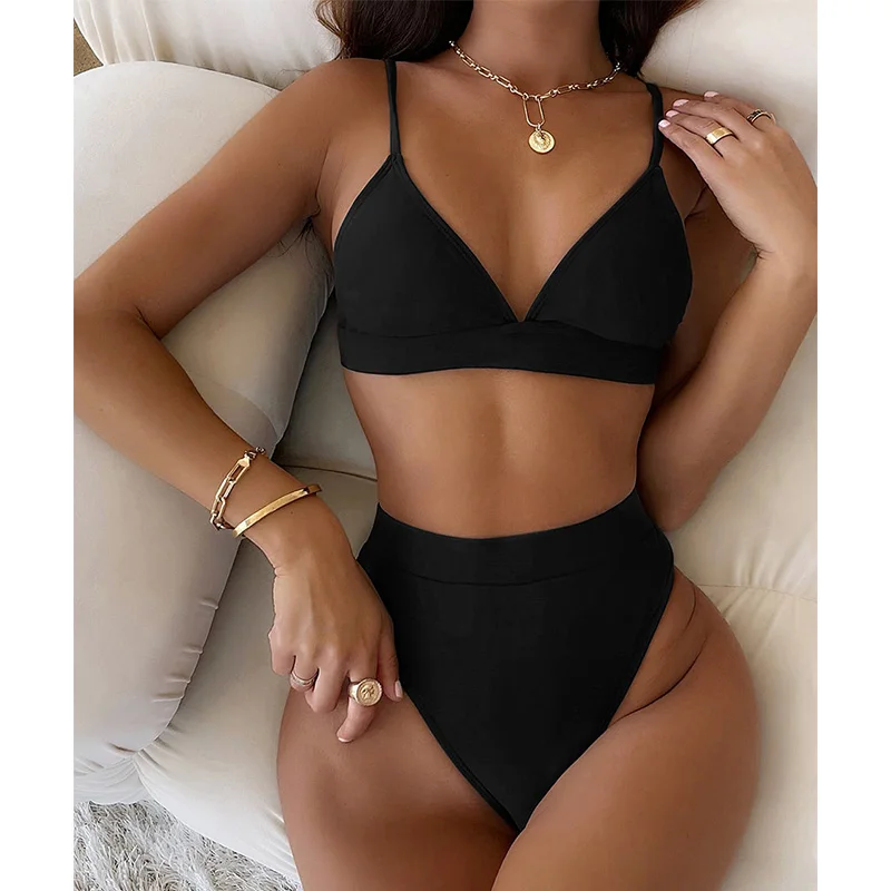 

Модный черный купальник бикини с высокой талией 2021, женский купальник пуш-ап, купальный костюм, Бразильское бикини, сексуальный однотонный ...