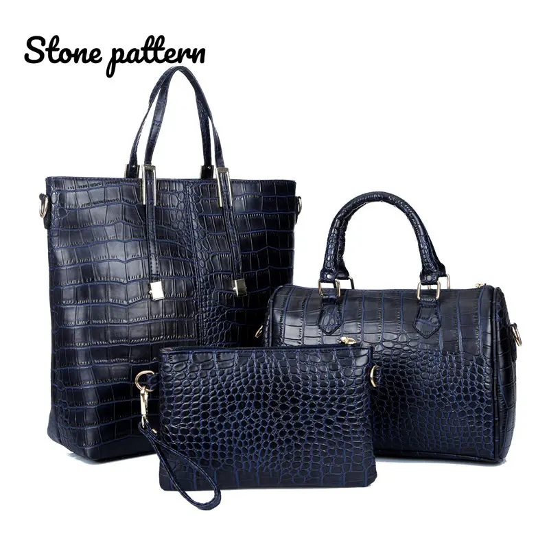 Amberler Fashion PU Leather Women Handbags Luxury Designer Crocodile Pattern 3 Pieces Sets Shoulder Bag High Quality Tote Bags