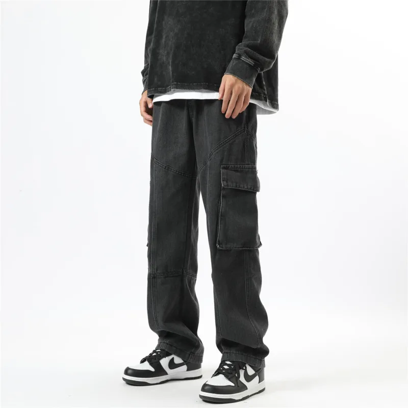 Baggy Pocket Jeans Men Fashion Retro Casual Cargo Jeans Men Japanese Streetwear Hip Hop Loose Straight Denim Pants Mens Trousers