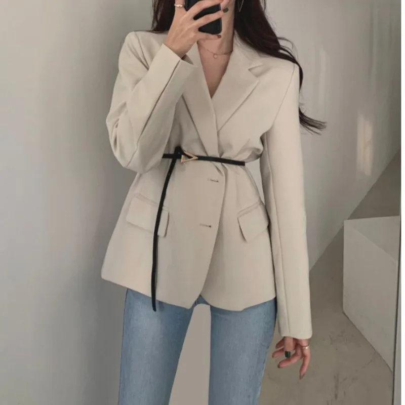 Spring Autumn Chic Blazer Ladies Elegant Fashion Lapel Slim Waist Belted Women Suit Jackets Single-breasted Outwear Casual Coat