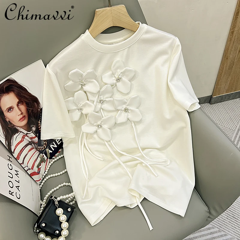 

2022 New Fashion Design Versatile Exquisite Rhinestone Three-Dimensional Flower Tassel Top Round Neck Short Sleeve T-shirt Women