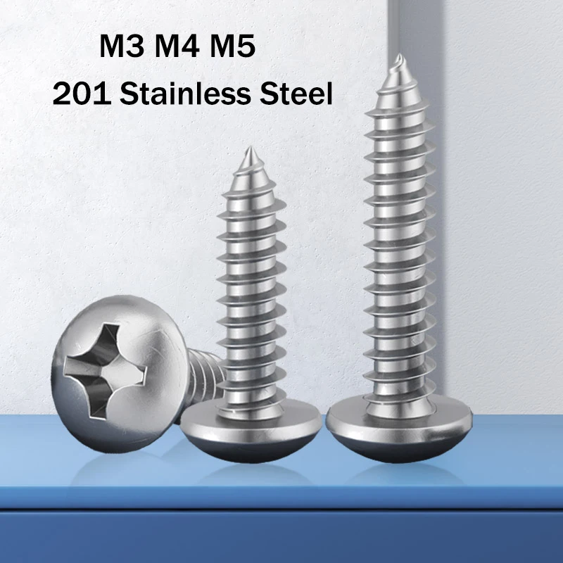 

10Pcs M3 M4 M5 201 Cross Stainless Steel Mushroom Head Screw Phillips SUS Self Tapping Screw Furniture Bolt 6~60mm