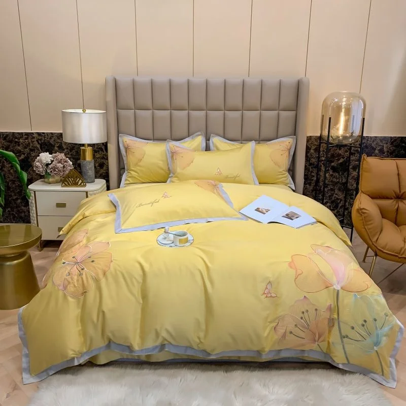 

Luxury 80S Egyptian Cotton Lotus Embroidery Princess ding Quilt Cover Comforter Set Bed Linen Pillowcases