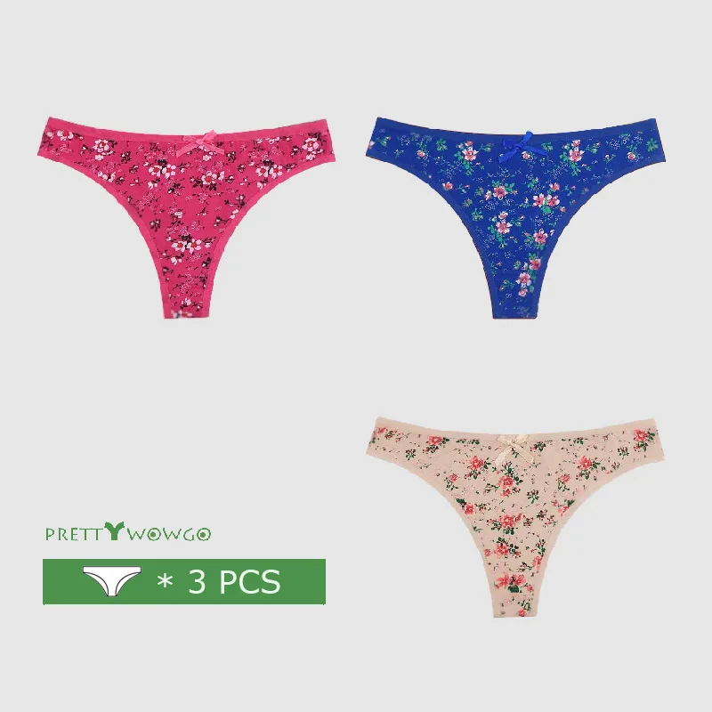 

Prettywowgo New Arrival 2023 Ladies Underwear 3 Pcs/Lot Women Cotton Floral Print Sexy G String Thong