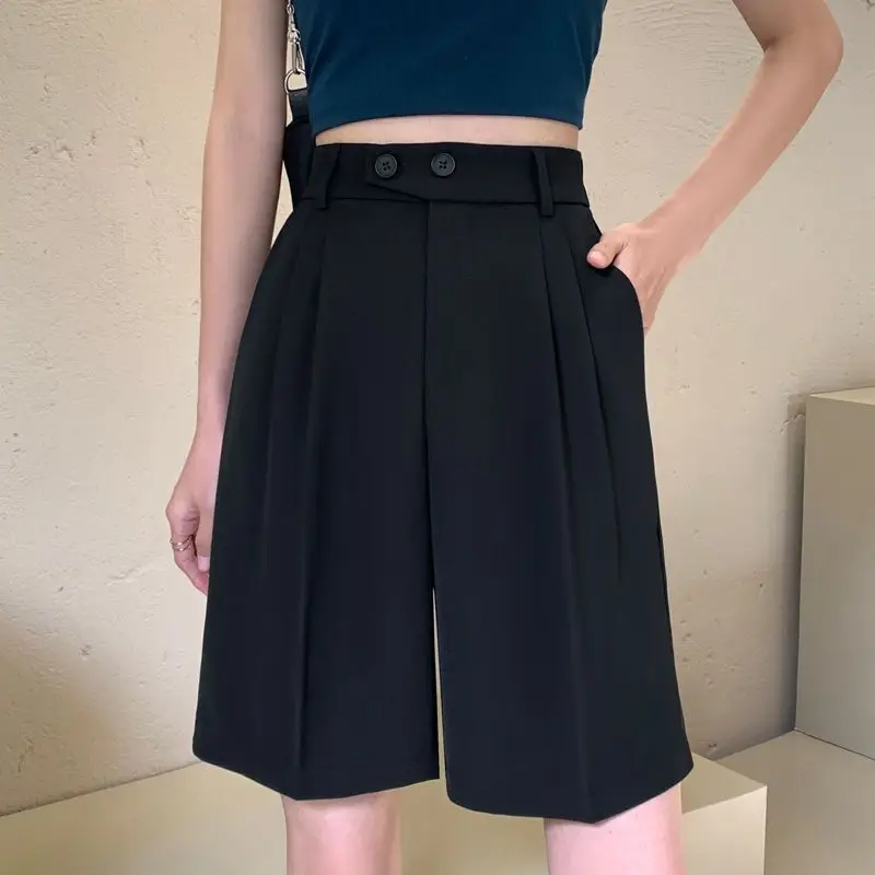 Suit Shorts Women Loose Wide Leg High Waist with Zipper Button Pockets Ladies Summer Shorts Casual Loose Short Trousers W60