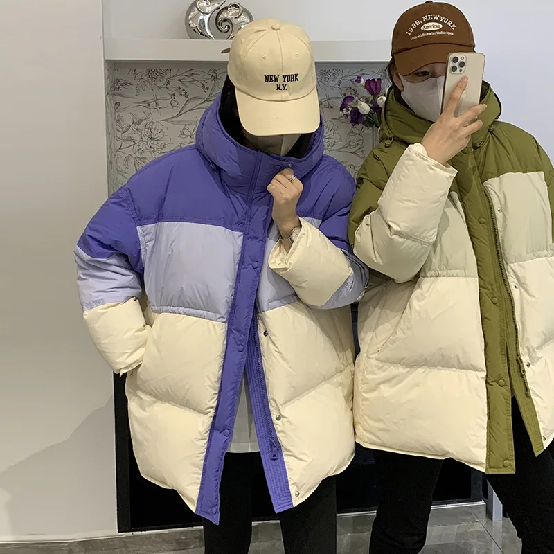 Piece of Colour Down Jacket Women's Winter New Hooded Cotton Jacket White Duck Down Loose Waist Loose Warm Thickened Jacket
