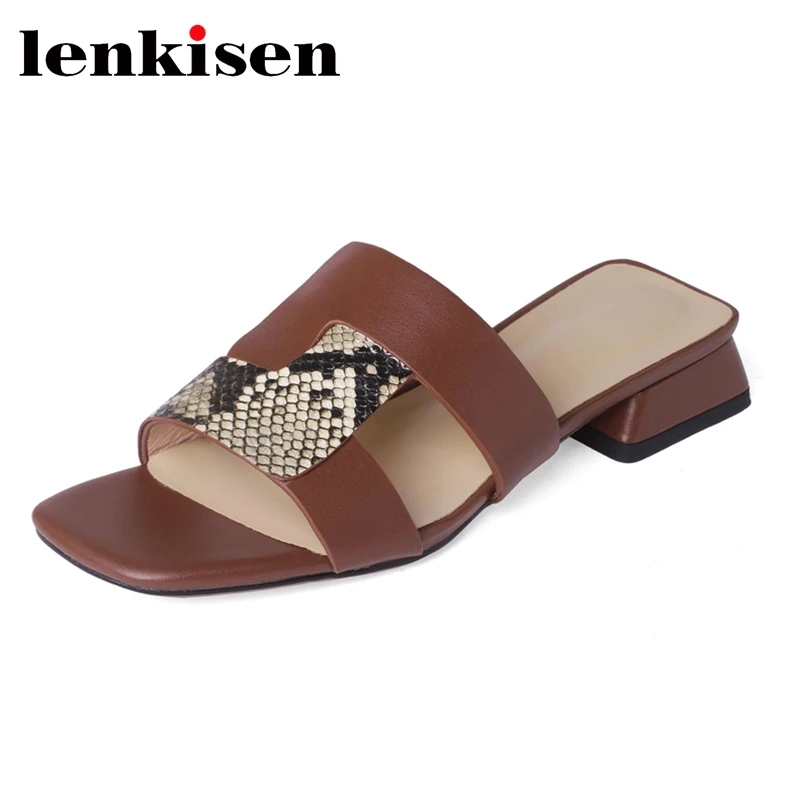 

Lenkisen Genuine Leather Peep Toe Low Heel Mules Beauty Lady Streetwear Fashion Comfortable Classic Women Outside Slippers L5a