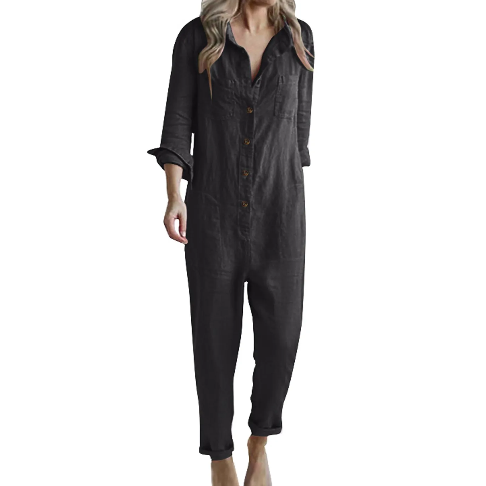 Женский комбинезон с длинным рукавом повседневный однотонный офисный на