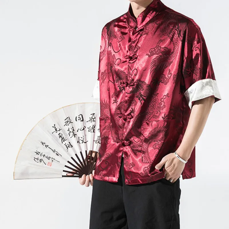 

Tang Suit Dragon Pattern Satin Jacquard Ice Silk Hanfu Casual Large Size Cardigan Coat Feather Woven Japanese Jacket Thin Coat