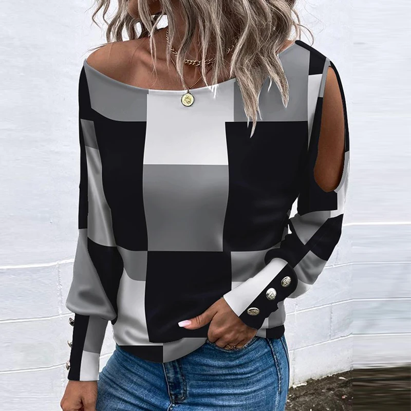 

Lady Commute Off Shoulder Hollow Pullover Women Spring Fall Long Sleeve Button Office Blusa Chic Block Print Loose Blouse Top