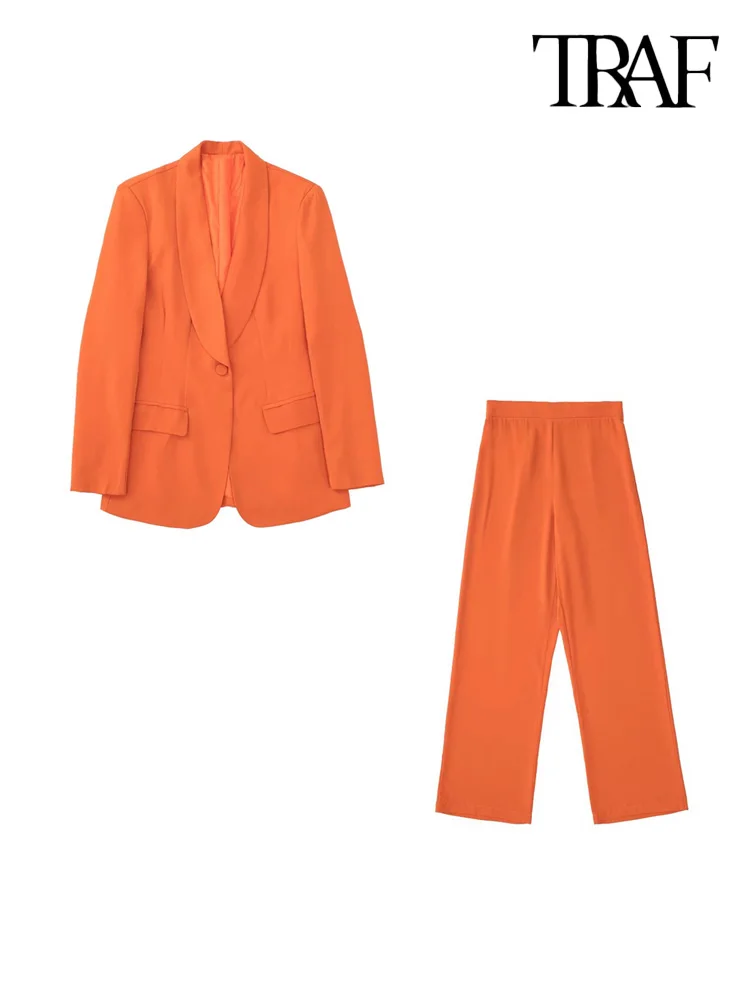 

TRAF Women Fashion Front Button Shawl Collar Blazer Coat And High Waist Side Zipper Flare Pants Female Two Piece Sets Mujer