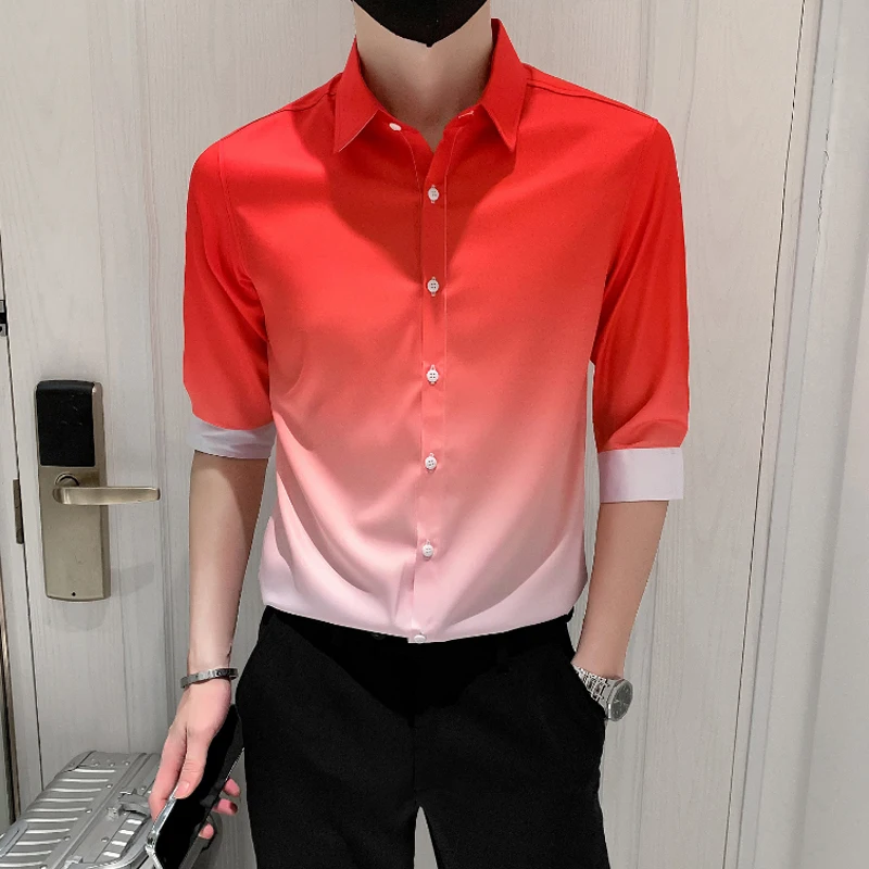 

Korean Style Gradient Print Luxury Three Quarter Sleeves Shirt Men Summer New Quality Soft Comfortable Icy Cool Camisa Masculina