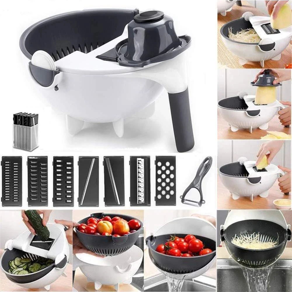 

9 in 1 Multifunctional Magic Rotate Vegetable Slicer with 2L Drain Basket Veggie Fruit Shredder Grater Slicer KC0291